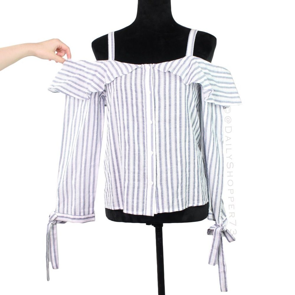 After Market Women's Lacey Striped Button-Up Ruffle Cold-Shoulder Top